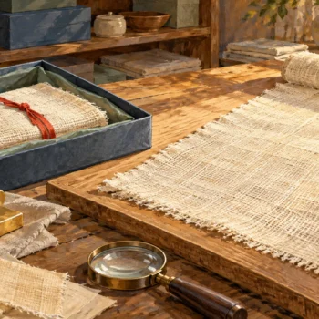 Compact and expanded fabric samples are compared beside the required processing tool.