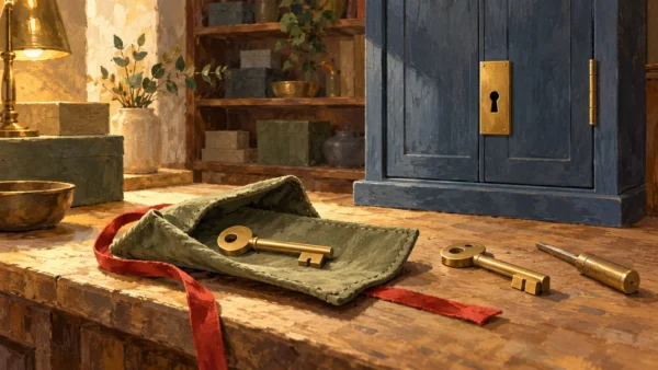 A temporary key awaits a first-use exchange beside a closed cabinet and fitting tools.