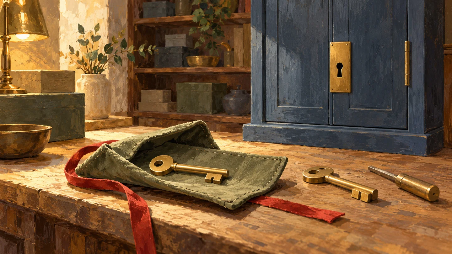 A temporary key awaits a first-use exchange beside a closed cabinet and fitting tools.