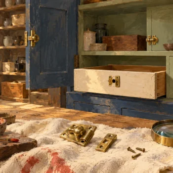 Drawer, work-area and cabinet latches remain distinct beside one inspected fitting.