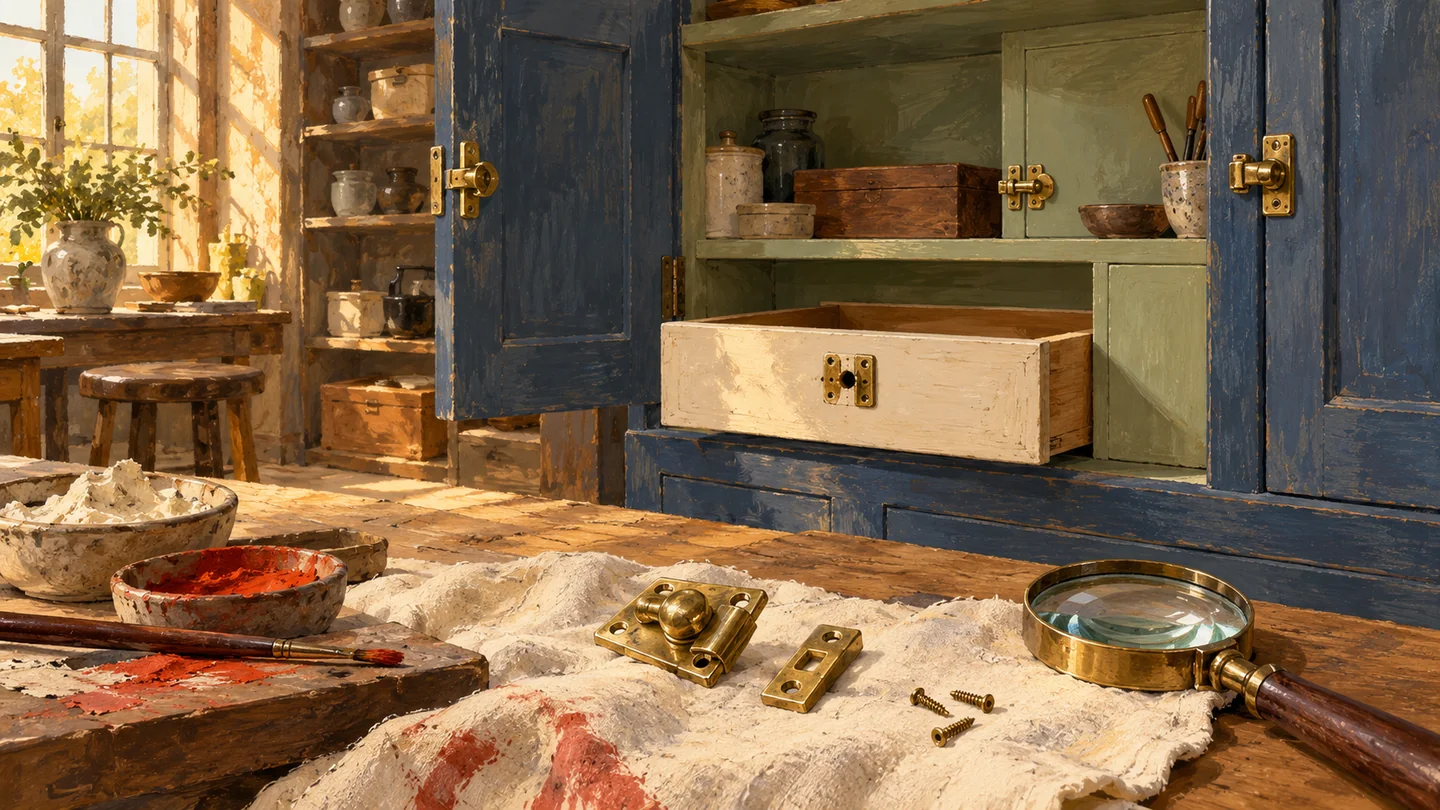 Drawer, work-area and cabinet latches remain distinct beside one inspected fitting.