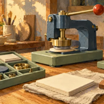 A machine is prepared beside matching installation fittings and an older blank guide.