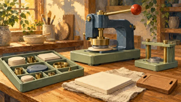 A machine is prepared beside matching installation fittings and an older blank guide.