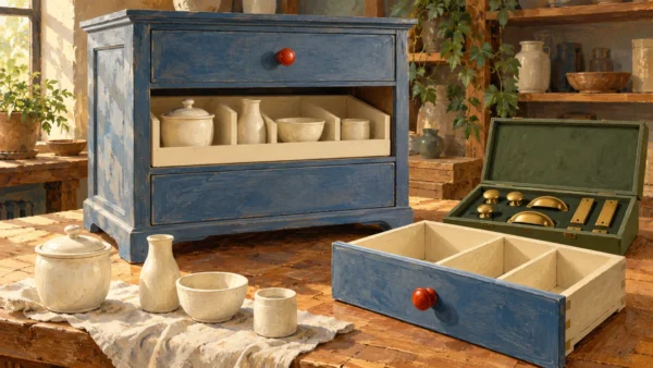 Original vessels and supporting fittings remain preserved beside a replacement drawer.