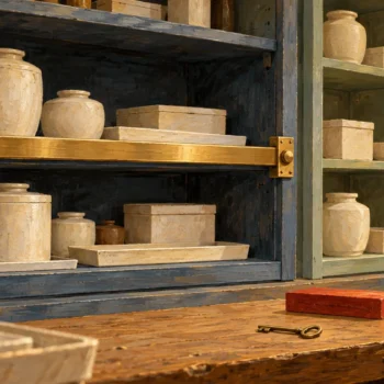 A broad compartment retaining bar protects several stored objects together.