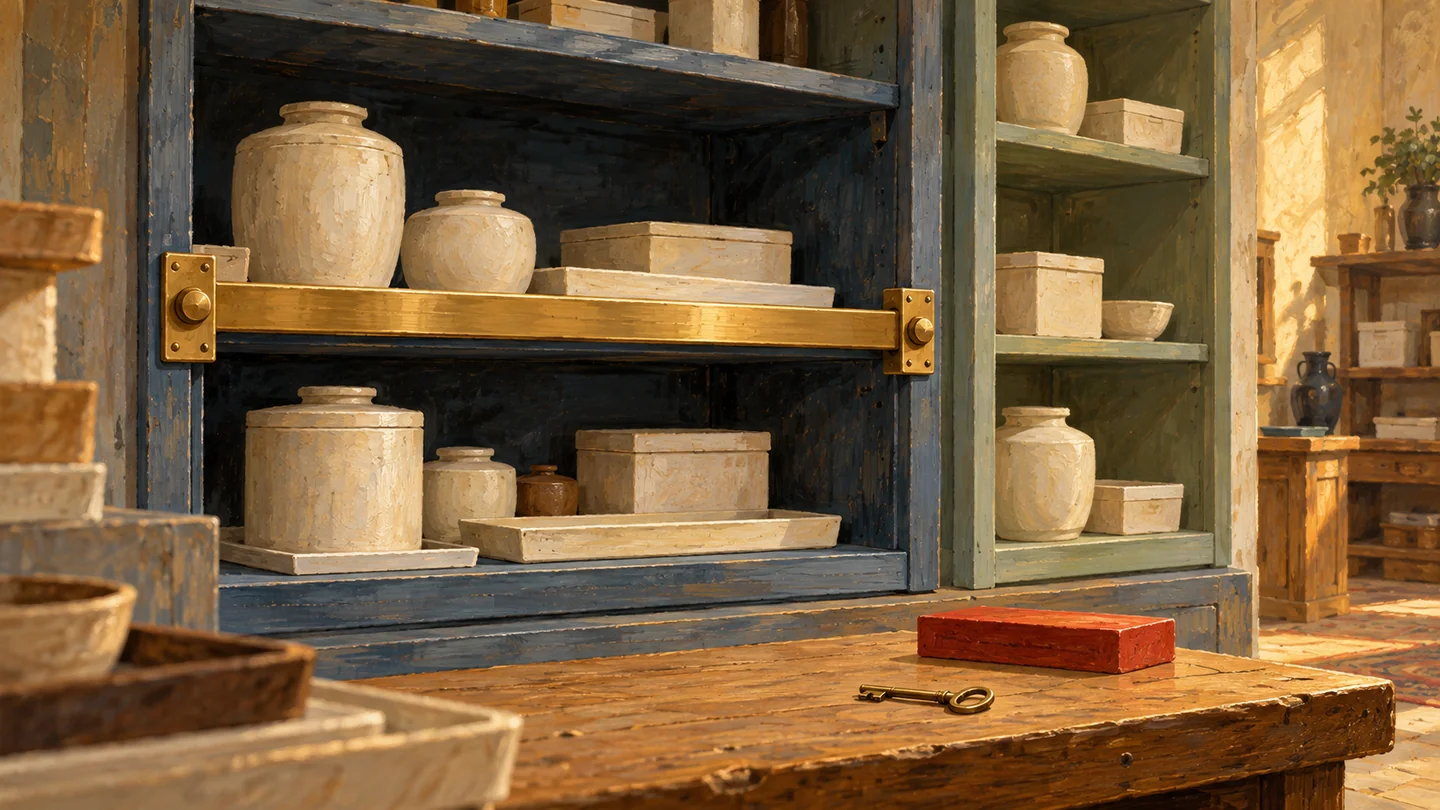 A broad compartment retaining bar protects several stored objects together.