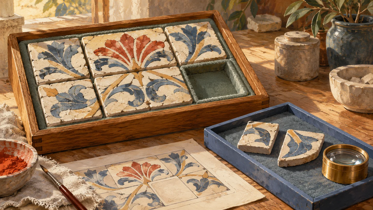 An empty tile slot awaits an approved match from separately inspected replacement samples.