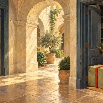 A shared courtyard arch remains distinct from the cabinet room reached by a delivery case.