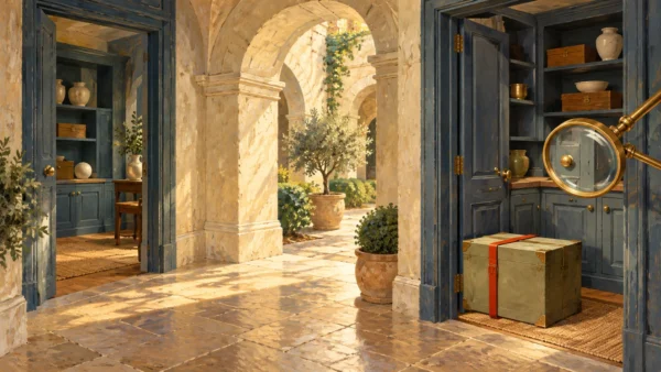 A shared courtyard arch remains distinct from the cabinet room reached by a delivery case.