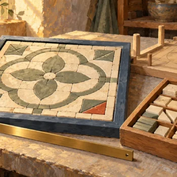 An intact assembled panel remains available beside its preserved source tiles and assembly jig.
