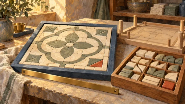 An intact assembled panel remains available beside its preserved source tiles and assembly jig.