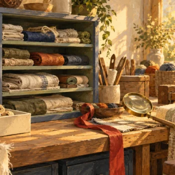 A larger material cabinet shares finite workspace with a loom and other tools.