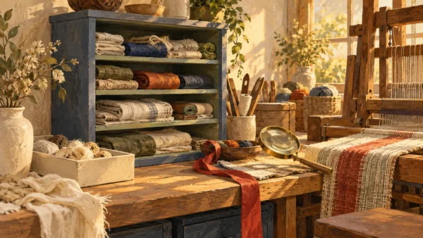 A larger material cabinet shares finite workspace with a loom and other tools.