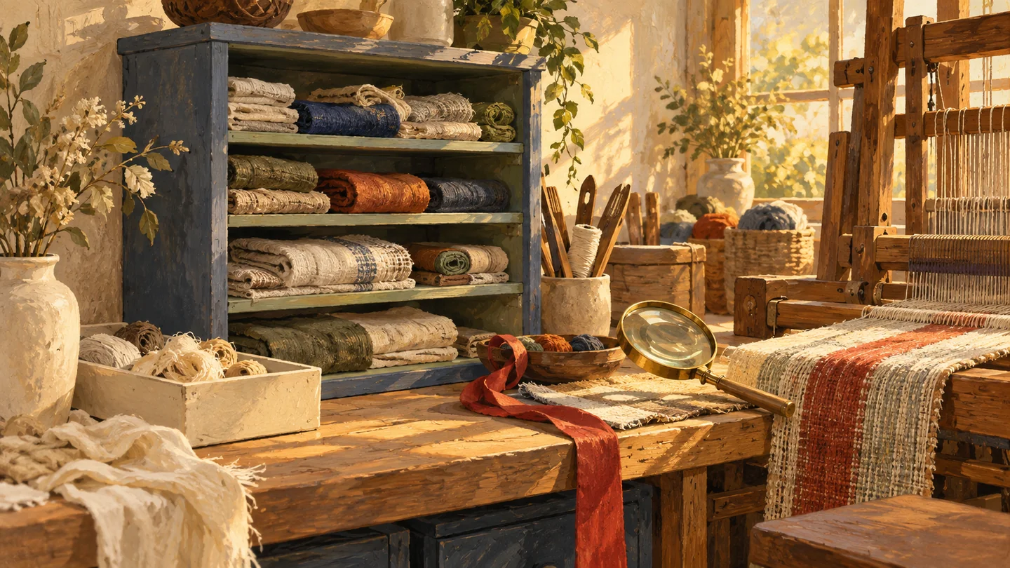 A larger material cabinet shares finite workspace with a loom and other tools.