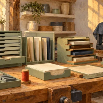 Distinct storage and work controls share a finite bench while an obsolete mechanism remains covered.