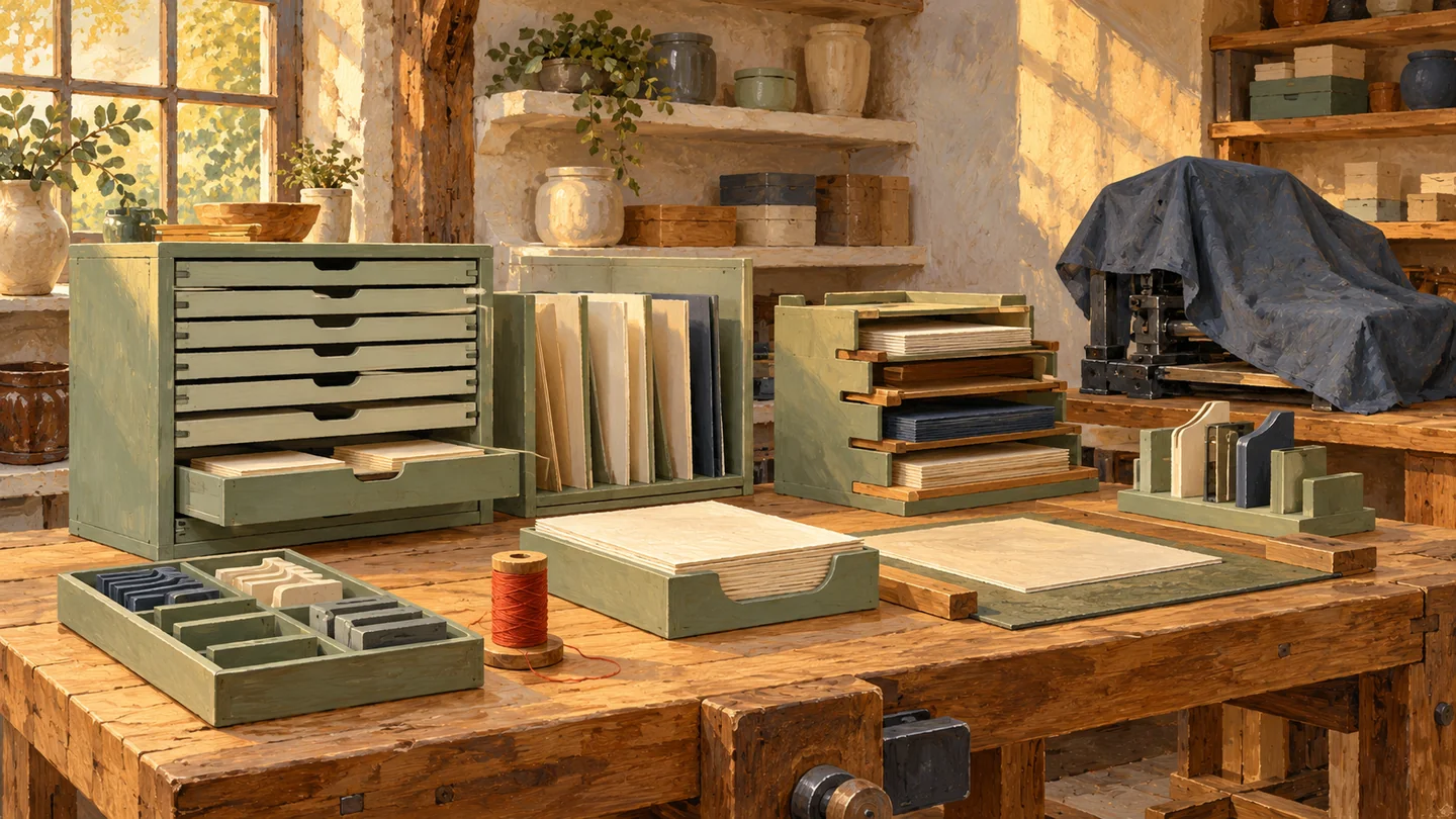 Distinct storage and work controls share a finite bench while an obsolete mechanism remains covered.