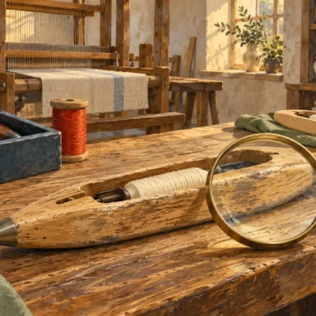 A worn shuttle is inspected over its finite work area beside a fresh unworn tool.