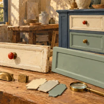 Old and new drawer fronts are compared beside preserved vessels and supporting fittings.