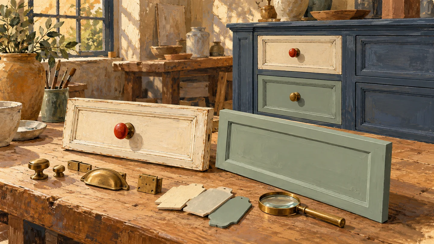 Old and new drawer fronts are compared beside preserved vessels and supporting fittings.