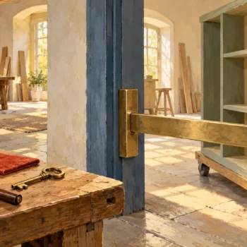 A removable local doorway stop blocks a new shelf assembly from one specific work area.