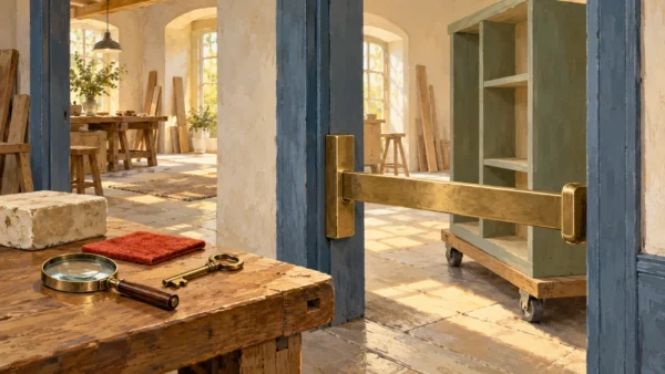 A removable local doorway stop blocks a new shelf assembly from one specific work area.