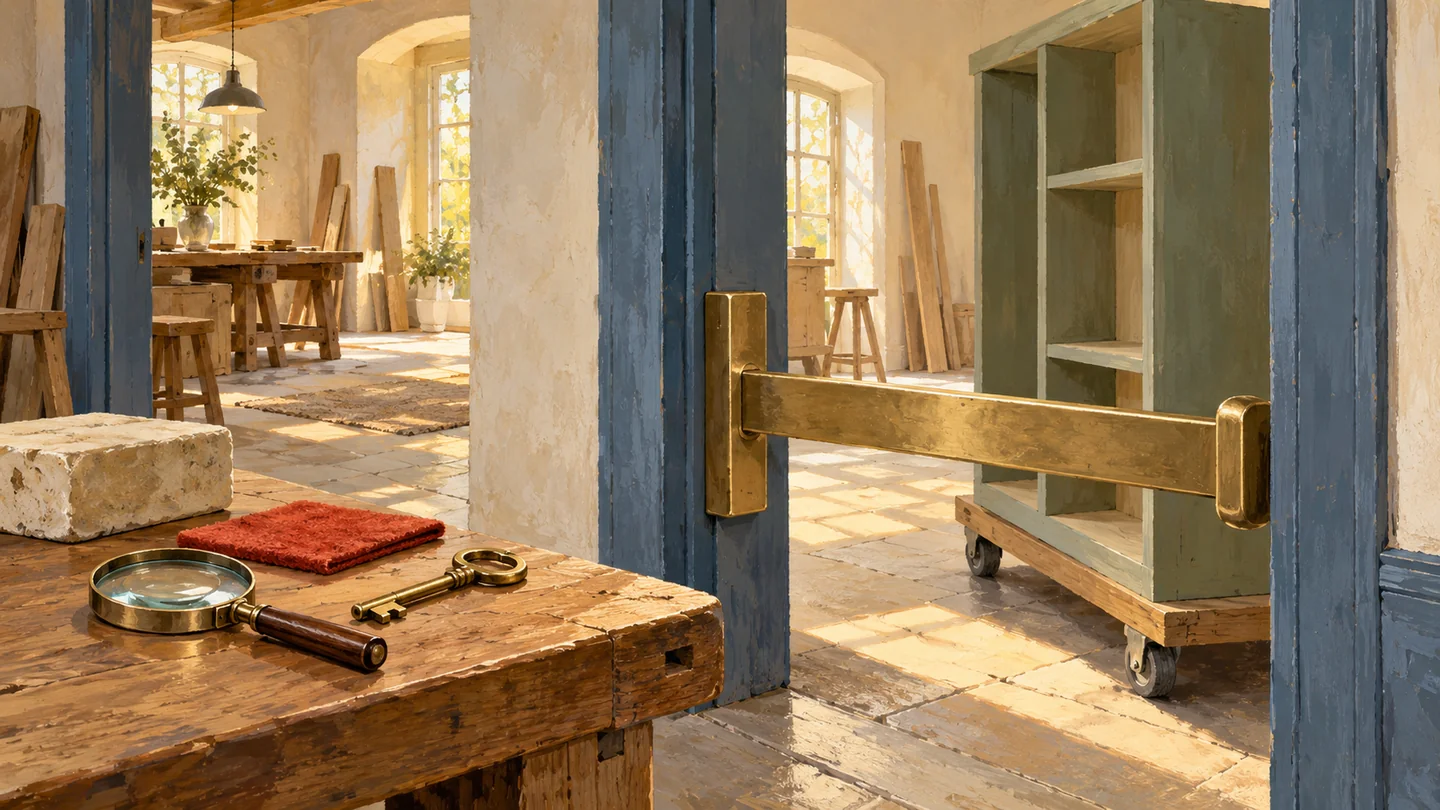 A removable local doorway stop blocks a new shelf assembly from one specific work area.