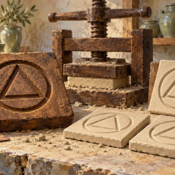 A carved wooden master and three matching relief tiles sit beside a screw press in a textured gouache workshop.