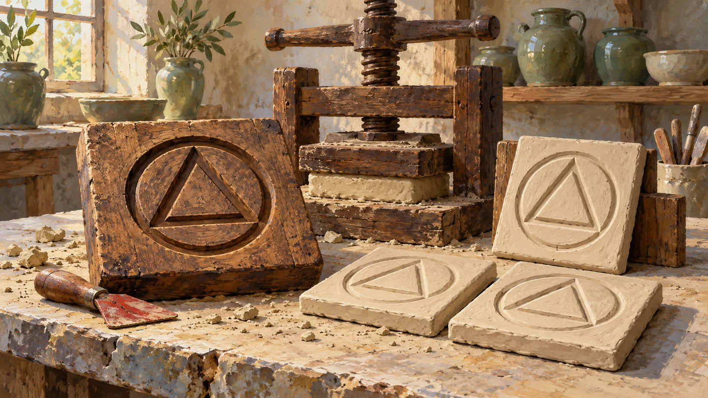 A carved wooden master and three matching relief tiles sit beside a screw press in a textured gouache workshop.