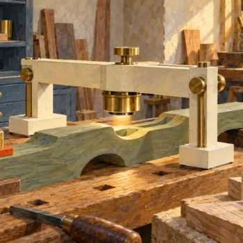 An inspection bridge observes a workpiece while separate holding mechanisms remain visible.