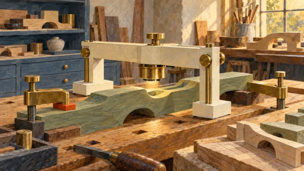 An inspection bridge observes a workpiece while separate holding mechanisms remain visible.