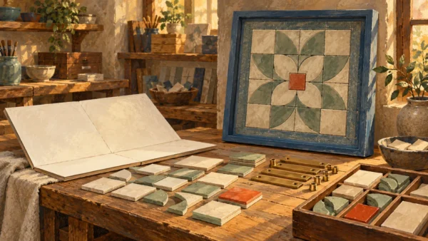 A stored mosaic panel sits beside its blank construction folio, source tiles and separate fittings.
