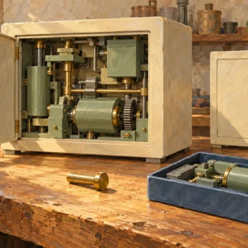 An enabling pin and a service assembly are inspected beside cabinets with different capabilities.