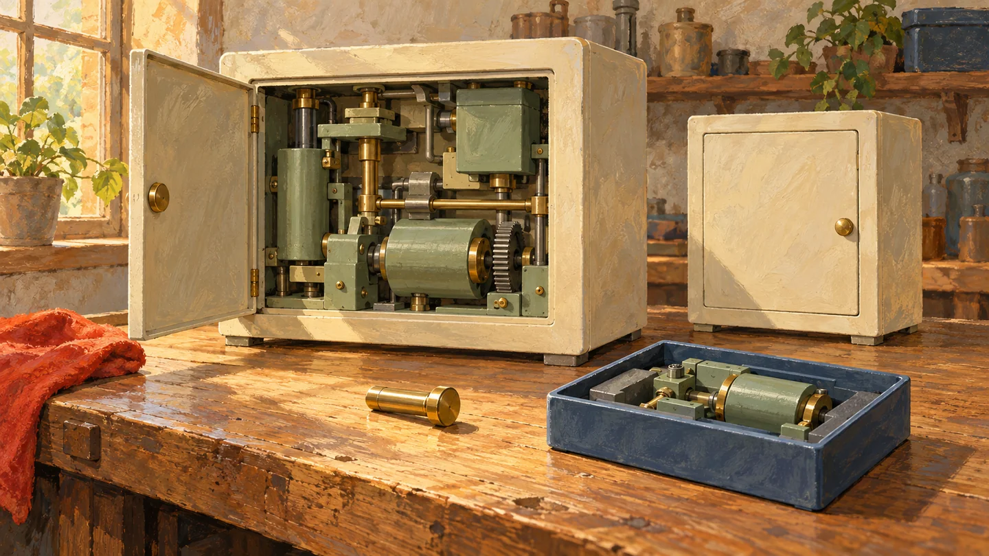 An enabling pin and a service assembly are inspected beside cabinets with different capabilities.