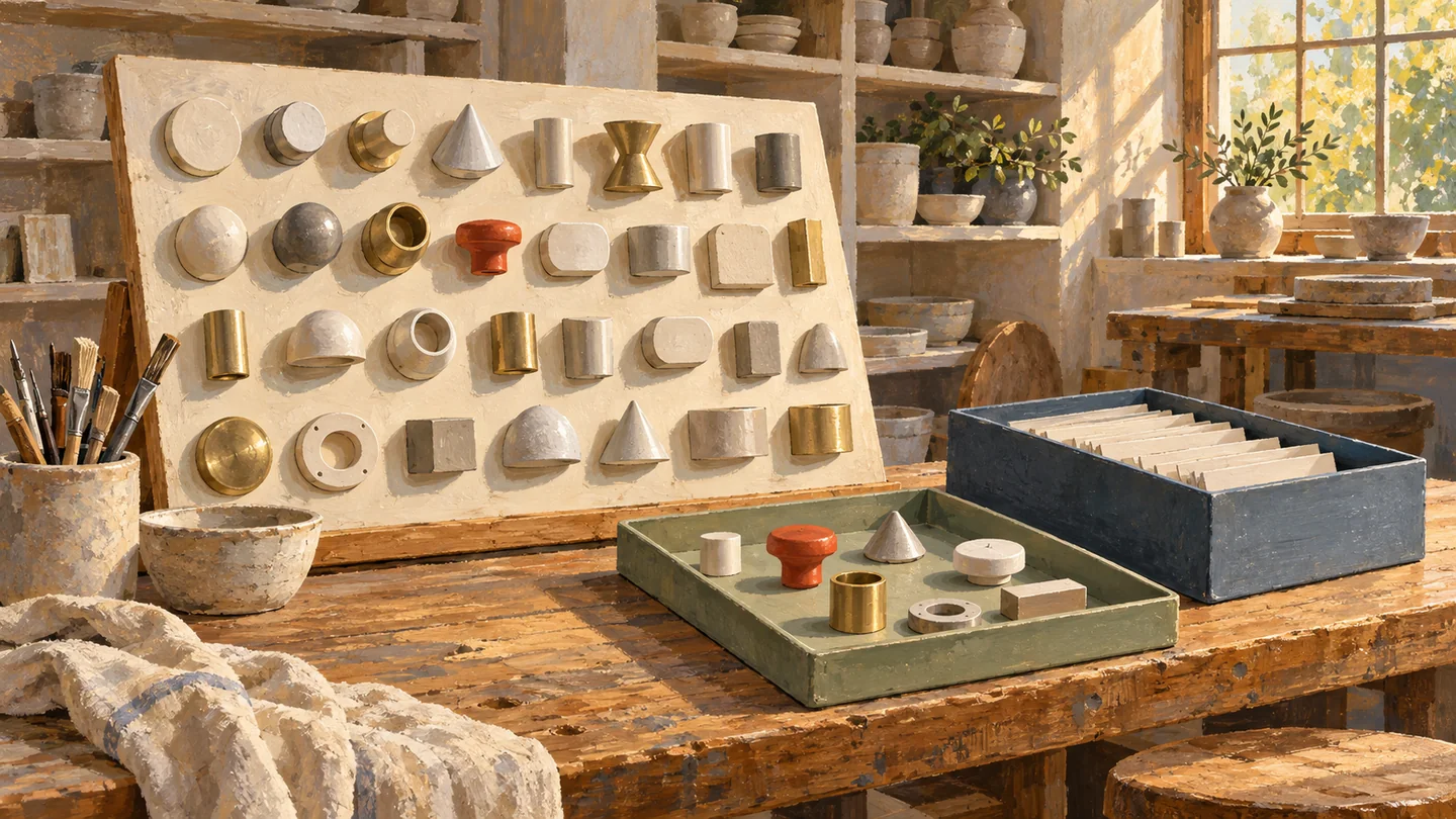 A broad fitting catalog remains distinct from a selected work tray and retained records.