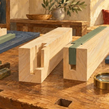 Matching workpieces are compared around a new fitted guide and its maintenance tools.