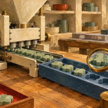 A mechanism delivers shaped components into a matching tray for separate assembly work.