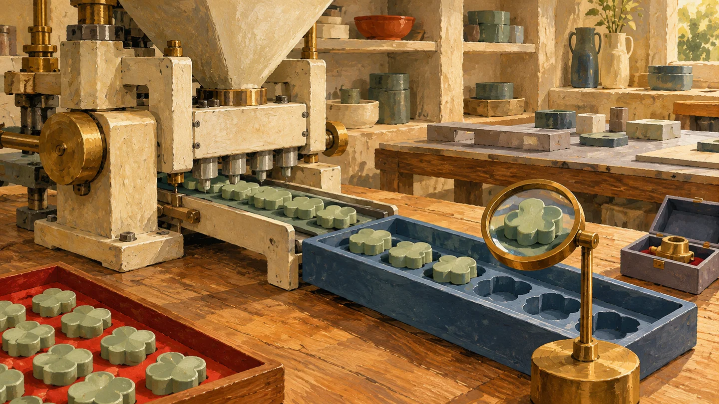 A mechanism delivers shaped components into a matching tray for separate assembly work.