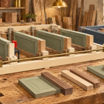 A removable limiting rail bounds one assembly frame while the adjacent workstation remains separate.