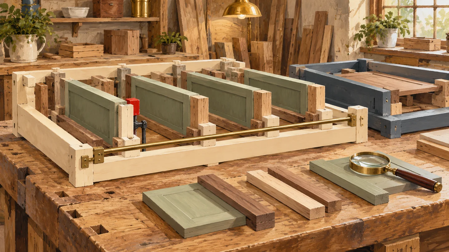 A removable limiting rail bounds one assembly frame while the adjacent workstation remains separate.