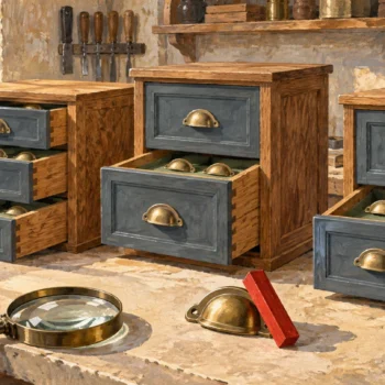 Several separate cabinets expose their fittings for inspection beside a plain marker and lens.