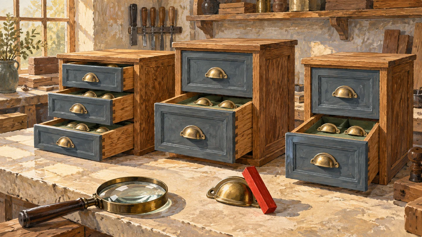 Several separate cabinets expose their fittings for inspection beside a plain marker and lens.