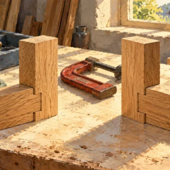 Gouache illustration for INNER JOIN: two matching oak corners use the same fitted joint construction.