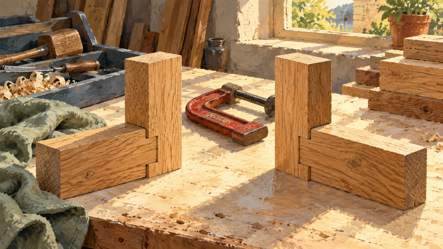 Gouache illustration for INNER JOIN: two matching oak corners use the same fitted joint construction.