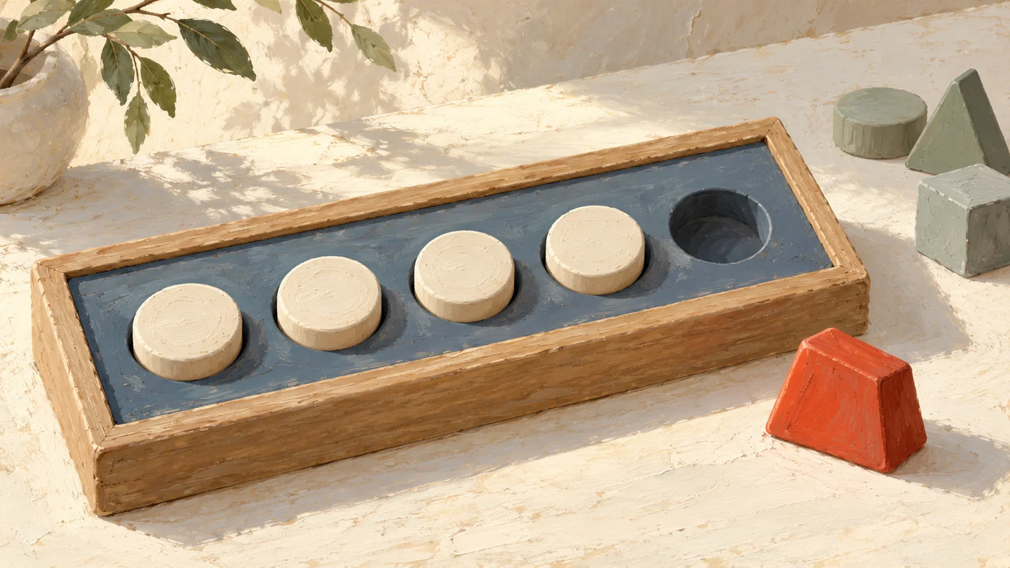 Round wooden pieces fit a blue sorting frame while an angular red piece remains outside.