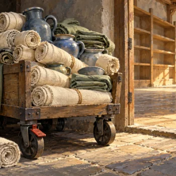 An overflowing storage cart stands beside a cramped alcove, with a spacious sunlit destination visible through the doorway.