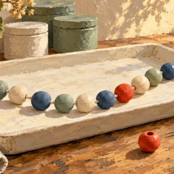 One distinct red bead appears among separated members on a cotton cord.