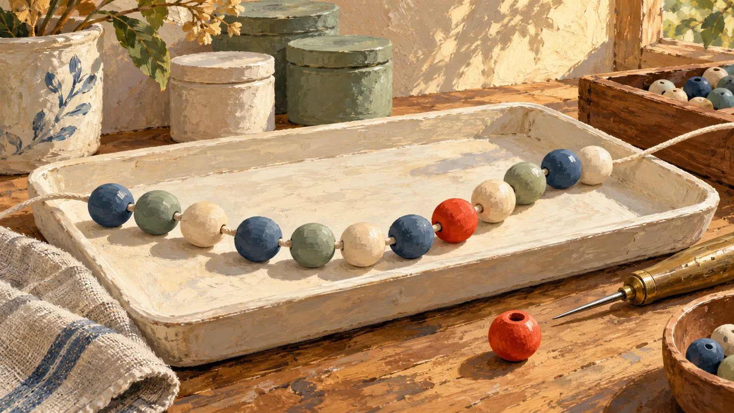 One distinct red bead appears among separated members on a cotton cord.