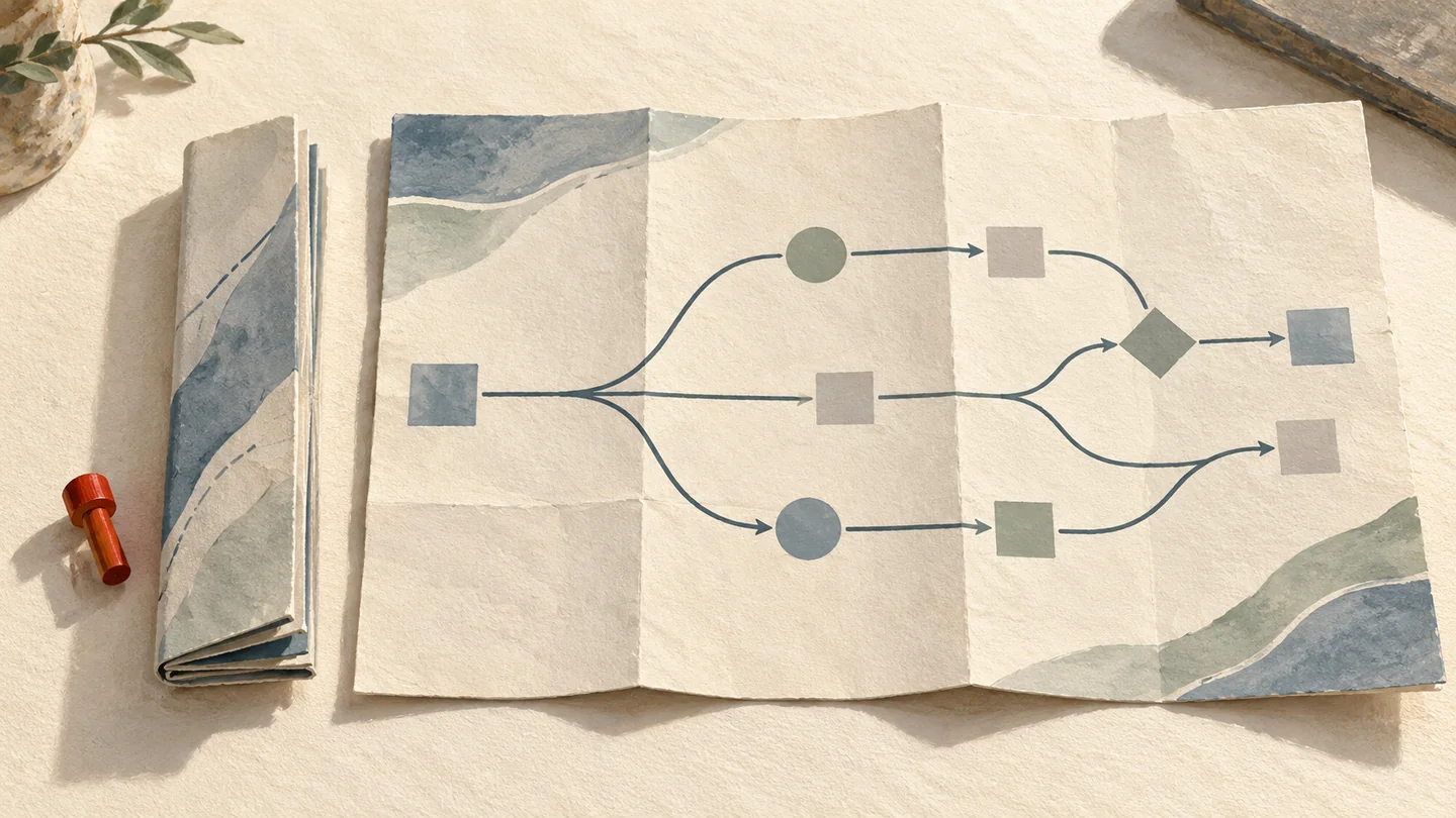 A folded paper opens into an unlabeled branching route map beside a small red wooden toggle.