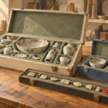 Three different protective cases hold a complete arrangement, additional pieces and a sequence of linked fittings.