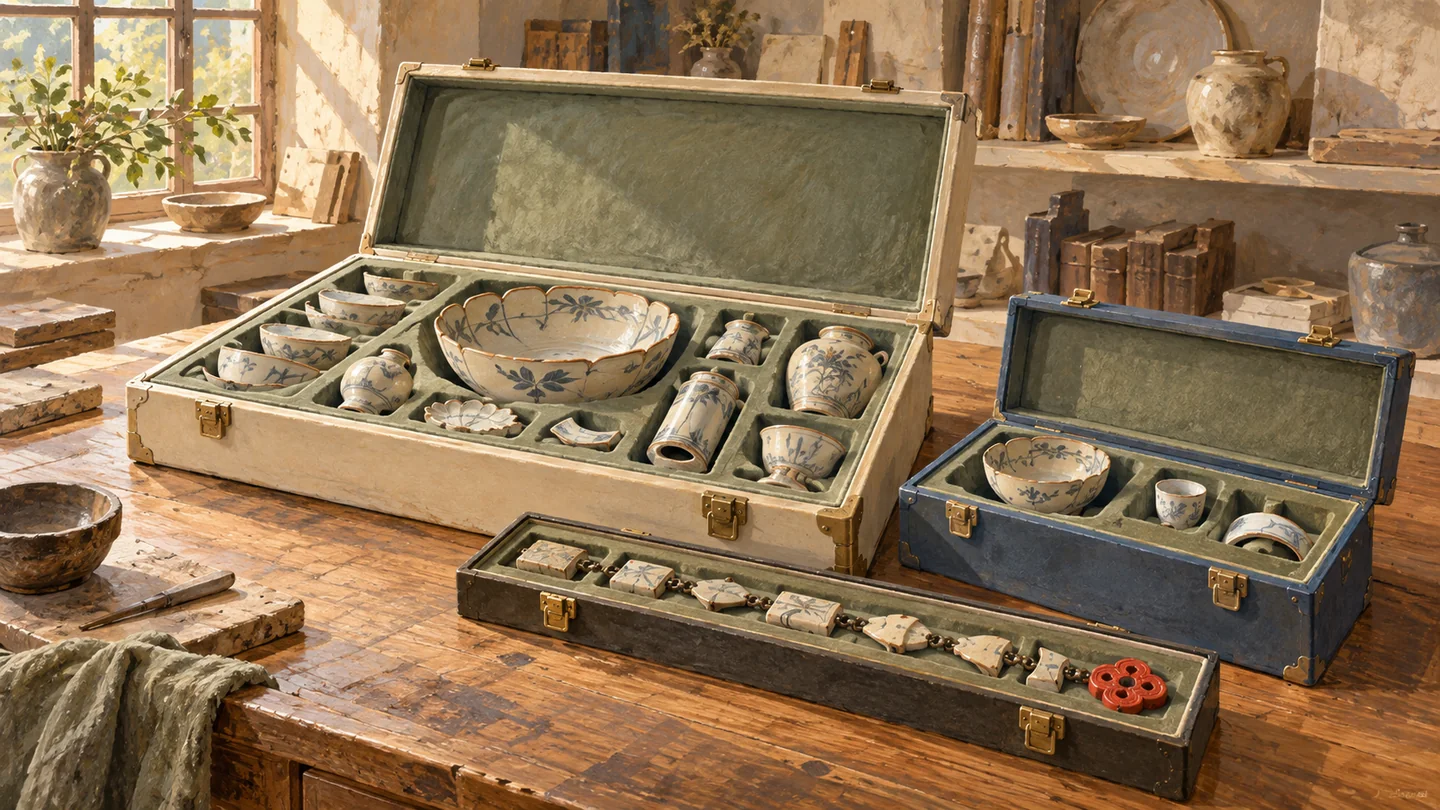 Three different protective cases hold a complete arrangement, additional pieces and a sequence of linked fittings.